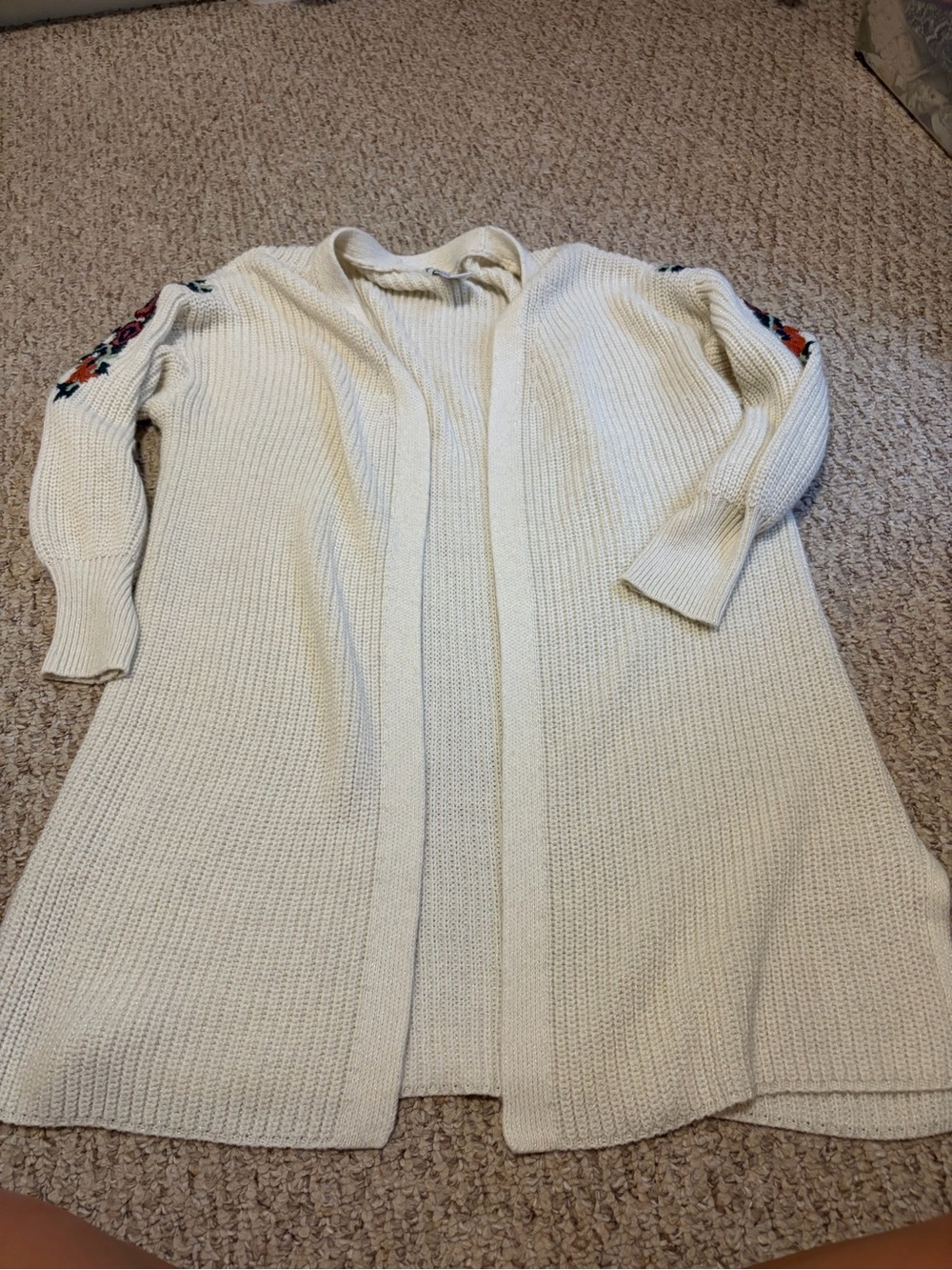 Women's Cream Open-Front Knit Cardigan with Embroidered Sleeves